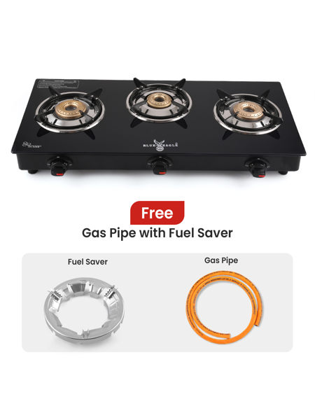 Picture of Blue Eagle 3 Burner Auto Ignition with Toughened Glass Gas Stove Cooktop-Black+Free Gas Saver & Pipe