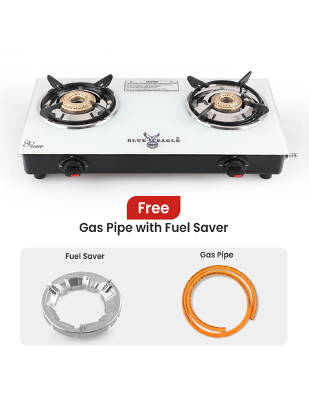 Picture of Blue Eagle 2 Burner Auto Ignition with Toughened Glass Gas Stove Cooktop-White+Free Gas Saver & Pipe